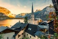 Wonderful Colorful Sunset. amazing view on the lake Hallstatter and Hallstatt Lutheran Church Royalty Free Stock Photo