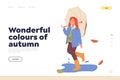 Wonderful colors of autumn landing page template with happy girl child walking under umbrella