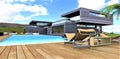 Wonderful country house. Elite decking as a floor covering around the pool. Comfortable beige sun loungers. 3d rendering