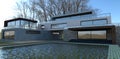 Wonderful country house with a swimming pool in the forest. Lots of space and glass. Temperate climate. Middle latitudes. 3d