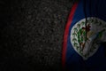 wonderful dark illustration of Belize flag with large folds on dark asphalt with empty space for your content - any occasion flag