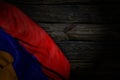 wonderful any feast flag 3d illustration - dark photo of Armenia flag with big folds on old wood with free place for your content