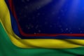 wonderful dark photo of Mauritius flag lying flat diagonal on blue background with selective focus and empty space for content -