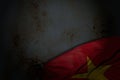 Wonderful dark picture of Vietnam flag with big folds on rusty metal with empty place for content - any occasion flag 3d