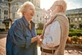 So wonderful day! Happy and beautiful elderly couple holding hands and laughing while standing outdoors Royalty Free Stock Photo