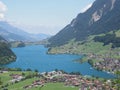 Wonderful european lake Brienz seen from Brunig Pass in Switzerland with clear blue sky in 2018 warm sunny summer day Royalty Free Stock Photo