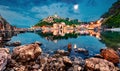 Wonderful evening cityscape of Vrbnik town. Splendid summer seascape of Adriatic sea, Krk island, Kvarner bay archipelago, Croatia Royalty Free Stock Photo