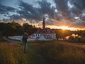 Wonderful evening sunny landscape. Incredible majestic Priory Palace in Gatchina. Popular locations for photographers Royalty Free Stock Photo