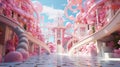 Wonderful fantasy pink castle for fairytale princess. Elegant towers, columns and stairs decorated with giant lollipops Royalty Free Stock Photo