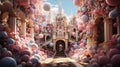 Wonderful fantasy pink castle for fairytale princess. Elegant towers, columns and stairs decorated with giant lollipops Royalty Free Stock Photo