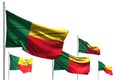 Wonderful five flags of Benin are waving isolated on white - any occasion flag 3d illustration