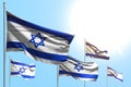 Wonderful 5 flags of Israel are waving on blue sky background - any feast flag 3d illustration