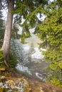 Wonderful foggy autumn forest with melting snow, sunrays a coming through the morning fog Royalty Free Stock Photo