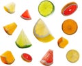 Wonderful fruity set. Pieces of orange, lemon lime and grapefruit glow from inside and fly through the air. High resolution and Royalty Free Stock Photo