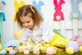 Wonderful girl with yellow ducklings on green Royalty Free Stock Photo