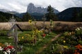 Wonderful graveyard and view to the distinctiv mountains of sassolungo Royalty Free Stock Photo