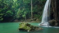 Wonderful green nature with green waterfall, Erawan`s waterfall