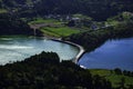 The special two color lake of Sete Cidades from viewpoint Vista do Rei, island Sao Miguel, the Azores Archipelago