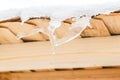 Wonderful icicles melt on the wooden roof with water drops. Spring is comming. Royalty Free Stock Photo