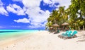Turquoise sea,palm trees and white sand,tropical paradise in Le Morne beach,Mauritius island. Royalty Free Stock Photo