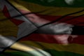 Wonderful image of dark Zimbabwe flag with folds lay in shadows with light spots on it - any feast flag 3d illustration