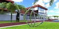 A wonderful installation of bent metal pipes on the lawn in the courtyard of a futuristic estate. A little further is a portal for