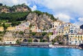 Panoramic view of Amalfi Mediterranean coast, small town with multicolor houses, dock and old church in southern Italy Royalty Free Stock Photo