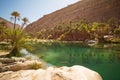 Wonderful lake and oasis with palm trees in the Omani desert and overwritten text Royalty Free Stock Photo