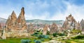 Wonderful landscape with ancient church at Cappadocia, Anatolia, Turkey. Volcanic mountains in Goreme national park.