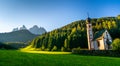 Wonderful landscape of Dolomite Alps during sunset. St Johann Church, Santa Maddalena, Val Di Funes, Dolomites, Italy. Amazing Royalty Free Stock Photo