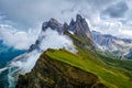 Wonderful Landscape Of The Dolomites Alps. Odle Mountain Range, Seceda Peak In Dolomites, Italy. Artistic Picture. Beauty World