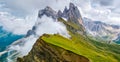 Wonderful landscape of the Dolomites Alps. Odle mountain range, Seceda peak in Dolomites, Italy. Artistic picture. Beauty world Royalty Free Stock Photo