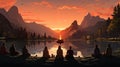 a wonderful landscape illustration at sunset, people watching the horizon.