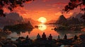 a wonderful landscape illustration at sunset, people watching the horizon.