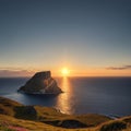 Wonderful landscapes in Norway. Nord-Norge. Beautiful scenery of a midnight sun sunset at Nordkapp (Cape North). Boat