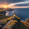 Wonderful landscapes in Norway. Nord-Norge. Beautiful scenery of a midnight sun sunset at Nordkapp (Cape North). Boat