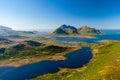 Wonderful Lofoten summer landscape with fjords and clear sky, Lofoten islands, Norway