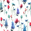 Wonderful lovely elegant graphic sophisticated spring floral herbal colorful textile blue delphiniums red pink tulips and blue cor Royalty Free Stock Photo