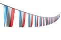 wonderful many Luxembourg flags or banners hangs diagonal with perspective view on rope isolated on white - any holiday flag 3d