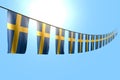 Wonderful many Sweden flags or banners hangs diagonal on rope on blue sky background with bokeh - any occasion flag 3d