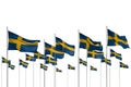 Wonderful many Sweden flags in a row isolated on white with empty space for your content - any feast flag 3d illustration