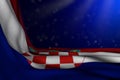 wonderful memorial day flag 3d illustration - dark picture of Croatia flag lying flat diagonal on blue background with selective