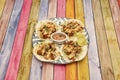 wonderful Mexican crispy fried fish tacos on a nice plate with corn tortillas, lime wedges and salsa Royalty Free Stock Photo