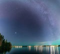 Wonderful Milky Way galaxy over calm night Stocksjo lake in Northern Sweden, Umea city. Night photo of starry sky, square photo