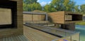 Wonderful modern country house in the shade of green trees. Wooden facade and decking. Glass railing. 3d render