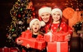 Wonderful moments christmas. Achieve impeccable christmas day. Little girls with lot gift boxes. Christmas morning Royalty Free Stock Photo