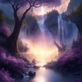 Wonderful Morning Sunrise Silver Trees Waterfall, Beautiful Fantasy Landscape Generative AI Royalty Free Stock Photo