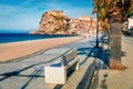 Wonderful morning view of Scilla town with Ruffo castle on background, administratively part of the Metropolitan City of Reggio Ca Royalty Free Stock Photo