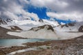 Wonderful mountain landscape with lake, clouds, peaks . Picturesque view near Adygine lake.