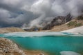 Wonderful mountain landscape with turquoise lake, reflection, peaks . Picturesque view near Adygine lake. Royalty Free Stock Photo